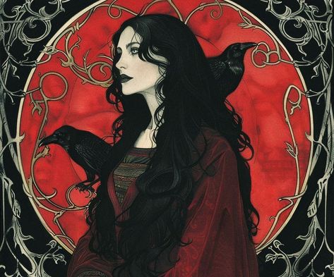 Celtic Goddess Morgana, Morrigan Art Celtic Goddess, Morrigan Aesthetic Goddess, Irish Character Design, Morrigan Goddess Celtic Mythology, The Morrigan Art, Old Witch Aesthetic, Hekate Art, Witchy Images