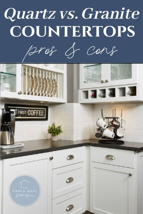 Quartz vs. Granite (Best Countertops Pros & Cons) Granite Vs Quartz Countertops, Kitchen With Gray Walls, 90s Kitchen Update, 90s Home Update, Grey Cabinets Kitchen, Granite Vs Quartz, Kitchen Ideas White Cabinets, Countertops Types, Kitchen Designs With Island