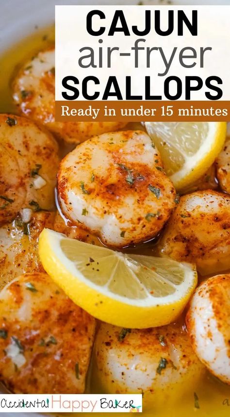 Sea scallops are incredibly quick and easy to prepare in the air fryer. Perfectly cooked and succulent scallops are dusted with cajun seasoning and then served with garlic butter for a seafood dish that rivals any seafood restaurant. But at a fraction of the cost! Air Fryer Scallops, Scallop Recipes Healthy, Fried Scallops, Seafood Dish Recipes, How To Cook Scallops, Coquille St Jacques, Air Fryer Fish, Delicious Seafood Recipes, Air Fryer Oven Recipes