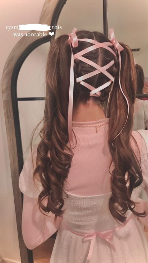 Ballerina Hair Aesthetic, Half Up Have Down Pigtails, Fancy Ribbon Hairstyles, Cute Hair Pigtails, Fancy Pigtails, Unique Pigtails, Pink Ribbon Hairstyle, Lolíta Hairstyle, Twin Tails Hairstyles