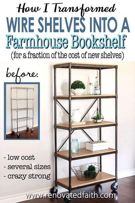 Get the look of DIY pipe shelves with this easy step-by-step tutorial & video showing you how to build industrial pipe shelving on a budget.  There are several stylish alternatives to wire shelving but none are as low-cost, versatile or strong as this wire shelving hack! I upgraded the color for a more modern farmhouse look, added faux crossbraces & wood shelf covers for wire bookshelves. These freestanding DIY industrial shelves look great in your living room, laundry room, office or closet Diy Industrial Shelves, Shelving Hacks, Covering Wire Shelves, Shelf Covers, Floor Shelves, Industrial Shelf Diy, Wire Shelf Covers, Pallet Deck Diy, Diy Pipe Shelves