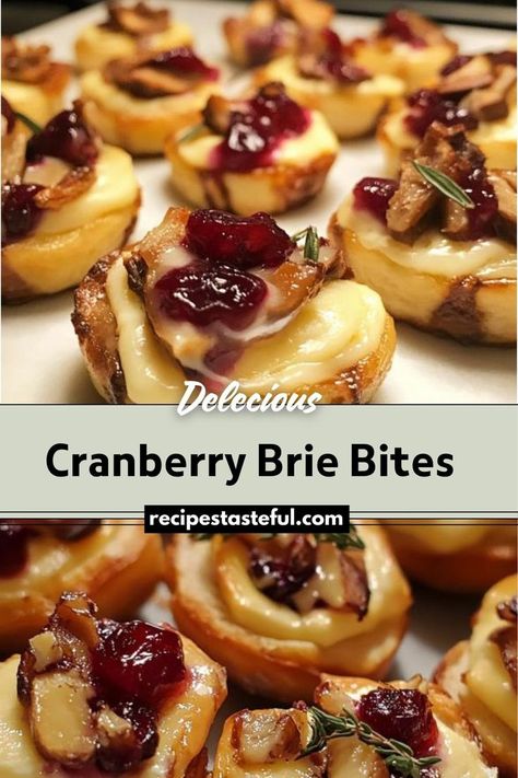 Cranberry Brie Bites are a delightful and elegant appetizer, perfect for holiday gatherings or special occasions. These bite-sized treats feature a buttery puff pastry shell filled with creamy Brie cheese and tangy cranberry sauce, optionally garnished with nuts, rosemary, and a drizzle of honey. They offer a perfect balance of savory and sweet flavors in a convenient, elegant form. Brie Bites Puff Pastry, Brie Cheese Appetizer, Cranberry Brie Bites, Cranberry Bites, Puff Pastry Shells, Brie Cranberry, Traditional Thanksgiving Recipes, Brie Puff Pastry, Brie Appetizer