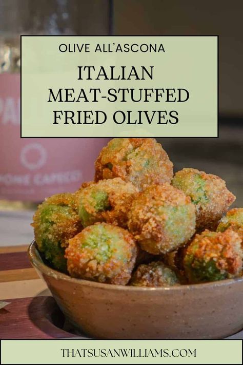 Italian Meat-Stuffed Fried Olives are authentically Italian, and divinely delicious! Make and freeze some to have whenever you have guests. Fried Stuffed Olives, Stuffed Olives Party Appetizers, Authentic Italian Side Dishes, Fried Olives Recipe, Stuffed Olives Recipe, Fried Olives, Stuffed Olives, Sides Dishes, Thanksgiving Food Sides