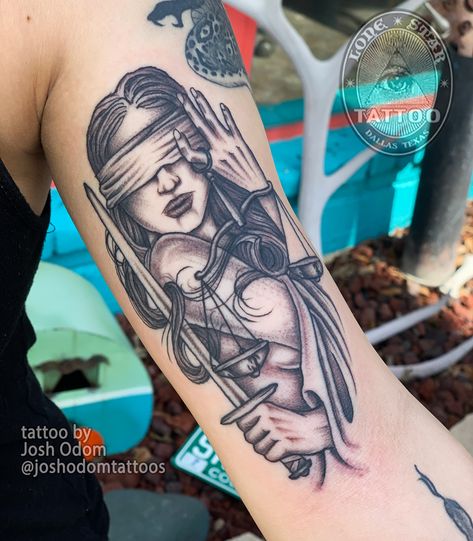 Justice Tattoo For Women, Blindfolded Woman Tattoo, Warrior Tattoos For Women, Lady Justice Tattoo, Lone Star Tattoo, Libra Tattoos, Dallas Tattoo, Justice Tattoo, Left Arm Tattoos