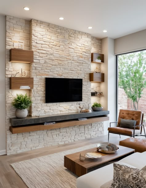 Explore 49 Living Room Collections That Elevate Interior Design Tv With Stone Wall, Stone Wall With Tv Mounted Tv, Tv On Brick Wall Ideas, Stone Walls Interior Living Room, Stone Wall Living Room Ideas, Living Room Tv Wall Stone, Stone Wall Decor Living Room, Living Room Stone Wall Ideas, Stone Wall Tv Living Room