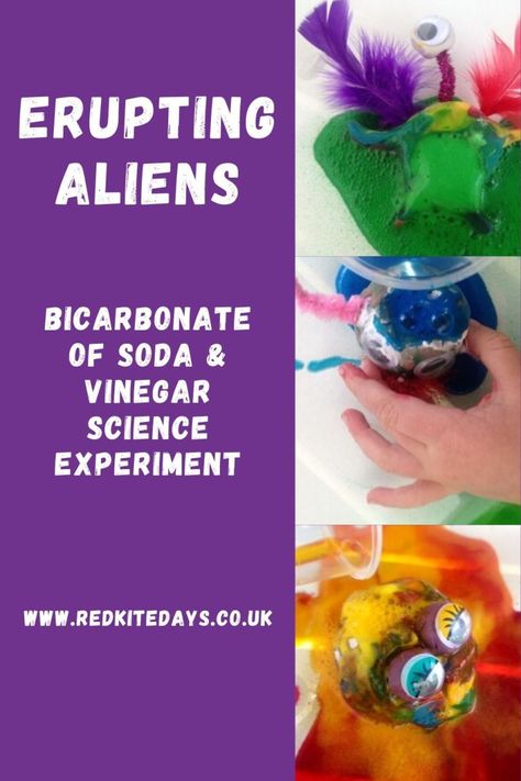 Erupting Aliens Science Activity for Kids - Red Kite Days Making Play Dough, Kids Science Experiment, Science Activity For Kids, Alien Crafts, Baking Soda Vinegar, Red Kite, Science Activity, Bicarbonate Of Soda, Kids Science