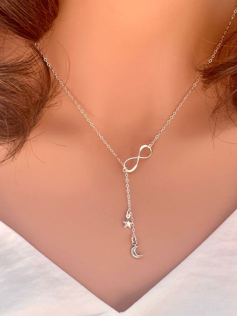 Moon star Dangle Necklace in Sterling Silver, Silver Moon Star Choker, Multi charms necklace, Tiny moon and star dangle Drop, Layering. Moon Necklace Aesthetic, Star Choker, Dangle Necklace, Ribbon Gift, Silver Bling, Charms Necklace, Dragon Jewelry, Dangle Necklaces, Opal Engagement