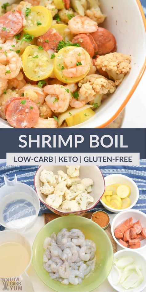 This shrimp boil recipe is keto-friendly and delicious. This seafood dish is bursting with flavor and makes the perfect dinner for all. Keto Shrimp Boil Recipe, Keto Seafood Boil, Keto Dinner Recipes Easy Low Carb Shrimp, Shrimp And Sausage Recipes Keto, Keto Cajun Shrimp, Shrimp Boil Recipe, Boiled Dinner, Keto Recipes Ketogenic, Diet Dinner Recipes