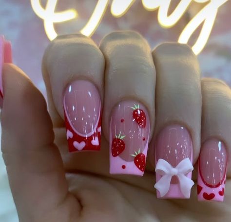 College Nails, Strawberry Nails, Berry Nails, Nail Picking, Fake Nails Designs, Cute Simple Nails, Girly Acrylic Nails, Casual Nails, Hello Kitty Nails