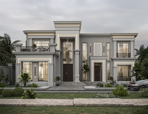 External Home Design, Neoclassical Modern Villa, New Classic Architecture Villa, Modern Neo Classical Architecture, Neo Classical Elevation, Neoclassical Architecture House, Neo Classic Villa Exterior, Modern Classic House Exterior, New Classic House