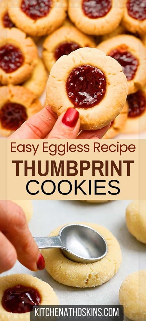 Learn how to make the best thumbprint cookies with raspberry jam, without eggs and is an easy shortbread cookie recipe. The thumbprints can be filed with any jam or jelly and makes is one of the best cookie for Christmas. Get the eggless raspberry thumbprint cookie recipe at kitchenathoskins.com. Cookie Recipe Without Eggs, Cookie Recipes Without Eggs, Cookies With Raspberry Jam, Egg Free Cookies Recipes, Best Thumbprint Cookies, Thumbprint Cookie Recipe, Thumbprint Cookies Easy, Easy Shortbread Cookie Recipe, Eggless Sugar Cookies