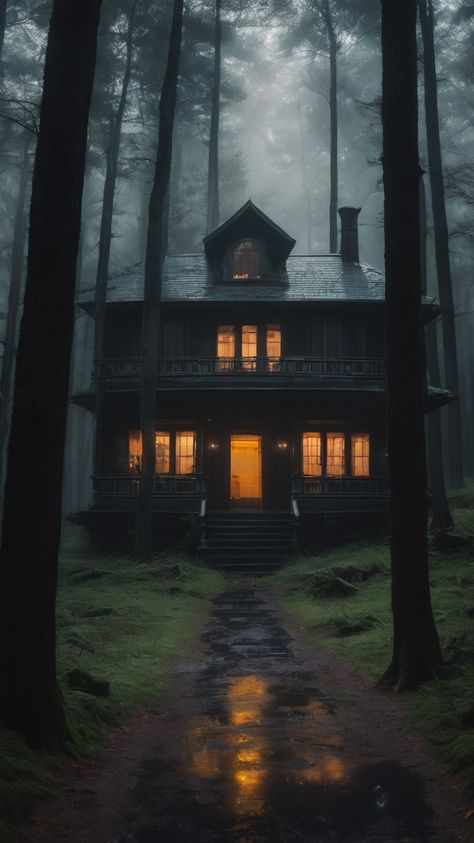 Abandoned House In Forest, Cabin In The Woods Aesthetic Dark, Cabins In The Woods Interior, Cabin In The Woods Aesthetic, Matt Painting, Creepy Atmosphere, Dead Forest, Creepy Old Houses, Ormanlık Alan