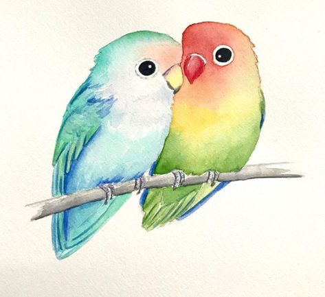 Lovebirds Art, Easy Watercolor Painting Ideas, Watercolor Painting Ideas For Beginners, Beautiful Watercolor Paintings, Easy Watercolor Painting, Watercolor Painting Ideas, Love Birds Painting, Blue Flower Art, Cherry Blossom Watercolor