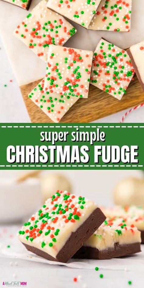 Made with layers of creamy milk chocolate, sweet white chocolate, and Christmas nonpareils, this holiday recipe puts a festive spin on homemade fudge. Chocolate Fudge Christmas, Easy Christmas Fudge Simple, White Chocolate Christmas Fudge, Christmas Chocolate Fudge, Christmas Fudge Gifts Packaging, Christmas Fudge Recipes Easy Condensed Milk, Easy Holiday Fudge, Holiday Fudge Recipes Christmas, Christmas Bars Recipes