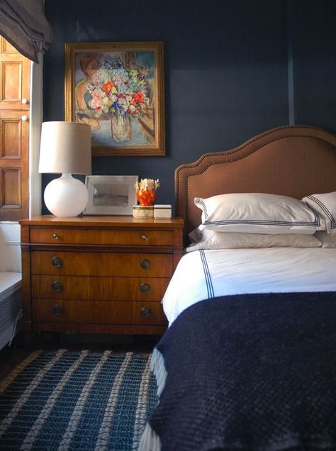 Anyone who's familiar with our portfolio knows how much we love the color blue. On furniture, walls, or anywhere in between, blue always adds the perfect touch of color to any space. It's serene and p Knoxville Gray, Light Bedding, Dark Blue Bedroom Walls, Rug Simple, Navy Bedrooms, Dark Blue Bedrooms, Blue Bedroom Walls, Navy Blue Bedrooms, Blue Bedroom Design