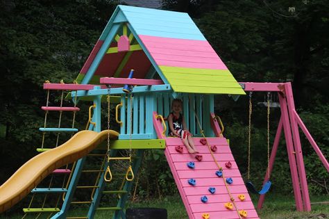 Made for Little O. Old redwood playground upcycled with colorful Benjamin Moore Arborcoat custom stains. Better than new! Benjamin Moore Arborcoat, Rainbow Playset, Redwood Furniture, Colorful Playground, Wood Playground, Playground Landscaping, Backyard Playset, Gallon Of Paint, Wooden Playset