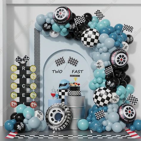 Race Car Birthday Decorations, Car Balloon, Two Fast Birthday, Cars Birthday Party Decorations, Balloon Wreath, 2nd Birthday Party For Boys, Race Car Themes, Car Themed Parties, Park Birthday