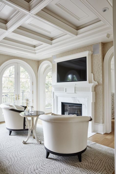 Coffered Vaulted Ceiling Ideas, Coffered Ceiling Ideas Bedroom, Coffered Ceilings Ideas, Cornicing Ceiling, Coffered Ceiling Living Room, Coffered Ceiling Ideas Living Room, Coffered Ceiling Bedroom, Bedroom With Seating Area, Coffered Ceiling Lighting