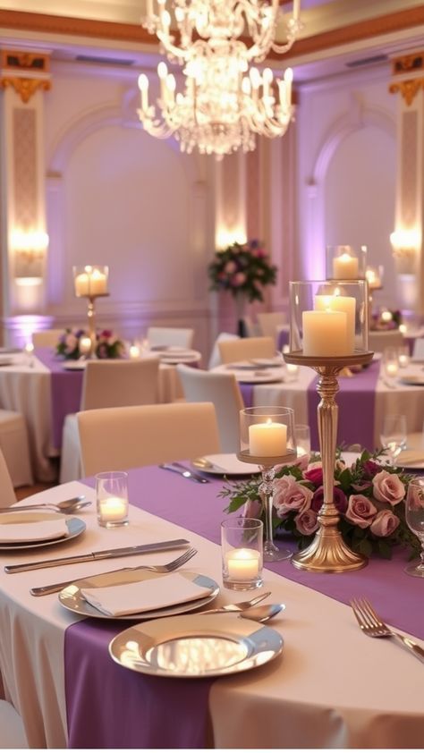 Elegant wedding reception with tables set for dinner, adorned with purple table runners, floral centerpieces, and glowing candles. Wedding Light Purple Theme, Lilac And Light Pink Wedding, Lavender Themed Sweet 16, Light Purple Centerpieces, Debut Theme Ideas Purple, Wedding With Purple Accents, Elegant Debut Theme, Lilac Wedding Aesthetic, Tangled Rapunzel Wedding Theme