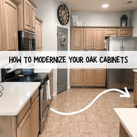 Old Oak Cabinets Kitchens, How To Refinish Honey Oak Cabinets, Modernize Oak Cabinets Without Painting, Glaze Over Honey Oak Cabinets, Restaining Oak Cabinets Lighter, Bleaching Oak Kitchen Cabinets, Oak Kitchen Update Without Painting, Oak Cabinet Makeover Paint, Washed Oak Kitchen Cabinets