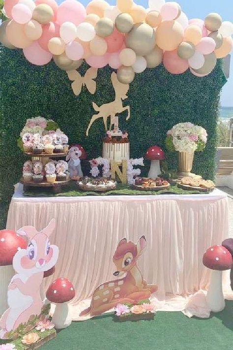 Bambi Dessert Table, Bambi Baby Shower Theme Girl, Deer Birthday Party, Christening Themes, Baby Shower Dessert Table, Disney Baby Shower, 1st Birthday Party Themes, Kids Birthday Themes