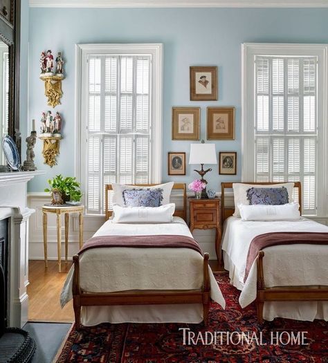 Twin Beds Guest Room, Two Twin Beds, Georgia Homes, Twin Beds, Traditional Bedroom Decor, Traditional Interior Design, Cottage Bedroom, Traditional Bedroom