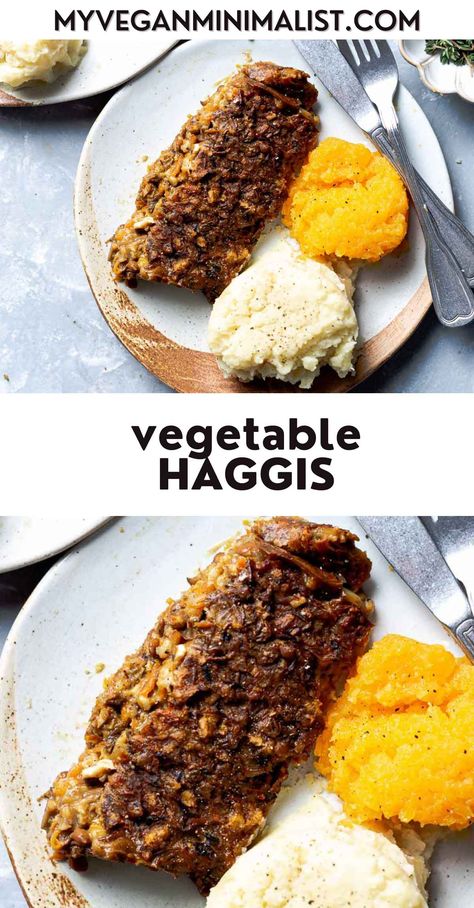 Vegetarian and vegan haggis packed with vegetables and served with neeps & tatties. Wholesome and comforting. Super easy & can be made gluten-free too! Made using staple vegetables like onions, garlic, carrots, mushrooms, and lentils. Veg stock, oats and marmite give it a great flavour and texture. Plus, you can top it off with seeds for the ultimate haggis experience. Includes must-know expert tips and serving suggestions! Haggis Recipe, Vegetarian Haggis, Garlic Carrots, Veg Stock, Vegan Minimalist, Crispy Baked Potatoes, Vegetarian Sausages, Vegan Junk Food, Healthy Vegan Breakfast