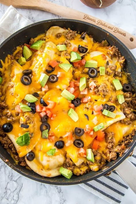 This Pierogies Taco Skillet is a fun combo that turns into a delicious easy dinner. We're all over the mix of flavors and textures here. Hamburger Meat Recipes Ground, Taco Skillet Recipe, Roasted Turkey Recipe, Taco Skillet, Meal Plan Week, Hamburger Meat Recipes, Weekly Meal Plan, Taco Meat, Tacos Beef