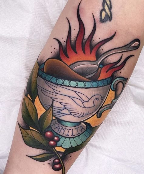 Neotraditional Coffee Tattoo, Traditional Coffee Tattoo, French Press Tattoo, Illusion Tattoo, Happy National Coffee Day, Coffee Cup Tattoo, Optical Illusion Tattoos, Illusion Tattoos, Cup Tattoo