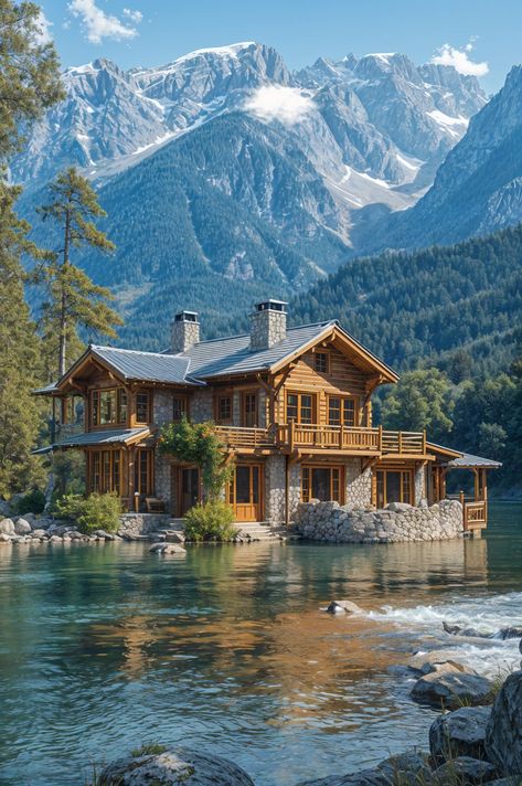 Lakeside Mountain Retreat 🏔️🏡 Lake House Mountains, Houses In Alaska, Mountain Home Aesthetic, Lakeside Architecture, Lake Side House, Mountains Home, Mountain Lake Home, Cottage In The Mountains, Cottage Mountain