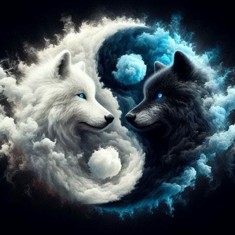 Black And White Wolf Wallpaper, Wolf Pictures Wolves Art, White Wolf Art Fantasy, Ying Yang Wolf, Jing Y Jang, Evvi Art, Wolf Art Fantasy, Magical Wolf, Moon Stars Art