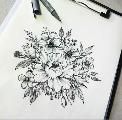 Tattoo Flower Bouquet, Carnation Tattoo, Thigh Piece, Flower Tattoo Shoulder, Doodle Tattoo, Geniale Tattoos, Flower Tattoo Sleeve, Botanical Tattoo, Flower Sketches