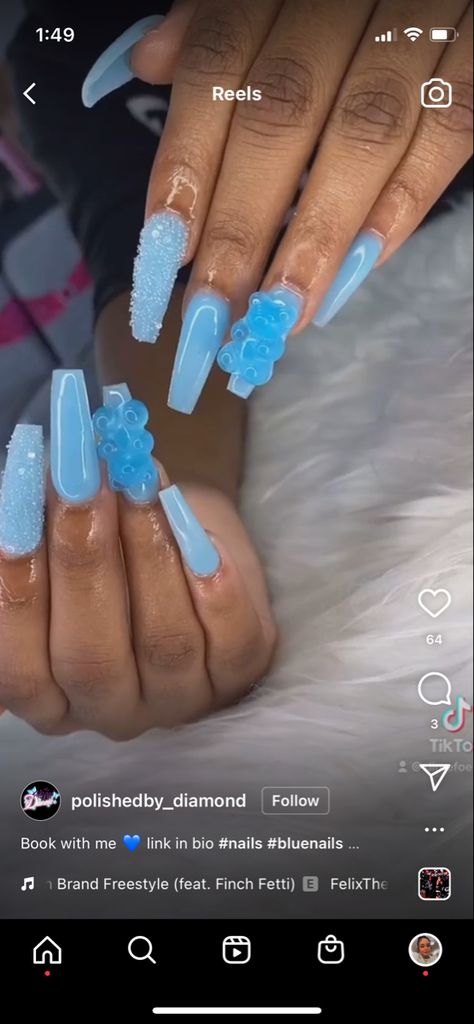 Pink Nails With Bear Charm, Nail Designs With Gummy Bears, Acrylic Nails With Gummy Bear Charms, Gummy Nail Art, Blue Teddy Bear Nails, Blue Acrylic Nails With Charms, Gummy Bear Charm Nails, Nail Designs Gummy Bear, Gummy Bear Nails Short