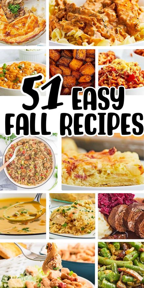 Collage of Easy Fall Recipes. Fall Theme Recipes, Easy Food For Party Dinners, Fall Themed Meals, Fire Station Meals, Southern Fall Recipes, Fall Party Food Ideas, Fall Food Ideas, October Meals, Easy Fall Recipes