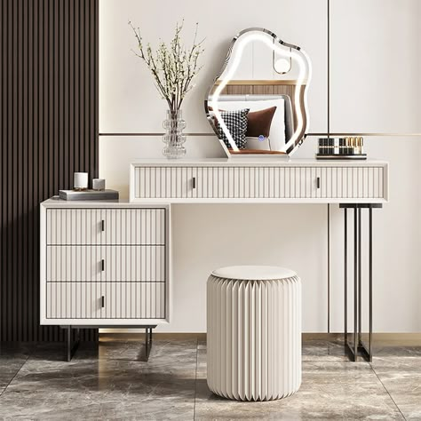 Modern Makeup Vanity For Every Bedroom | Povison Wooden Makeup Vanity, Meja Industrial, Modern Vanity Table, Makeup Vanity Storage, Modern Makeup Vanity, Storage Rooms, Modern Makeup, White Stool, Makeup Vanity Set