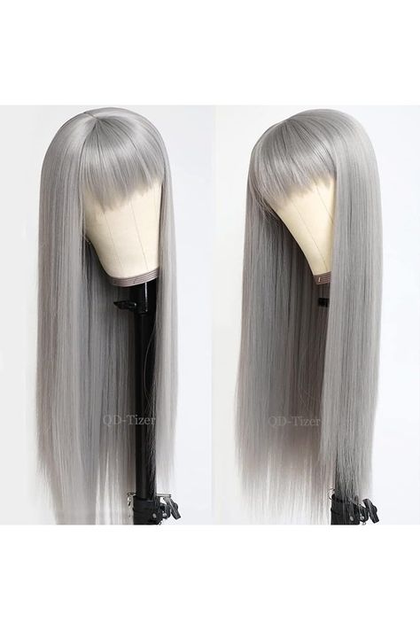 QD-Tizer Grey Hair Color Long Straight Wigs with Bangs Natural Grey Colored Synthetic Hair No Lace Wigs for Women No Lace Wigs, Straight Wigs, Grey Wig, Long Hair Color, Grey Hair Color, Wigs For Women, Straight Wig, Wigs With Bangs, Grey Hair