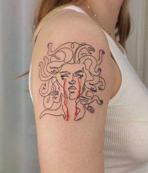 Medusa is one of the most iconic creatures in Greek mythology. As you already know the story, she was originally a beautiful woman, but when she was p... Green Mythology Tattoo, Medusa Tattoo Minimalist, Medusa Line Art, Medusa Tattoos, Tat Inspiration, Full Hand Tattoo, Medusa Tattoo Design, Tattoo Concepts, Hand And Finger Tattoos