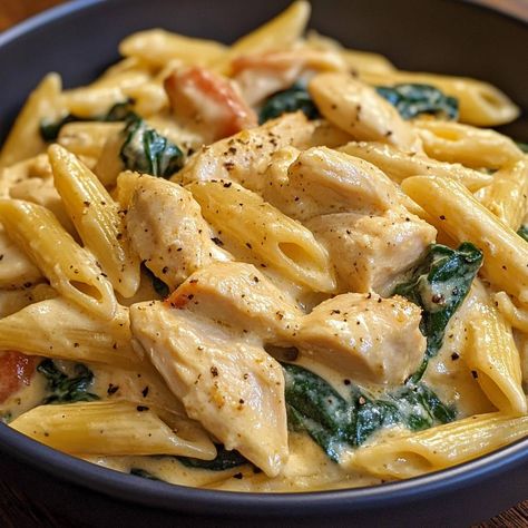 Creamy Chicken and Spinach Penne Introduction Creamy Chicken and Spinach Penne is a delicious and comforting dish. It combines tender chicken, fresh spinach, and creamy sauce with pasta. It’s simple to make and perfect for a family dinner or a cozy night in. Why Make This Recipe You should make this recipe because it’s quick, Spinach Mozzarella Pasta, Diced Chicken And Spinach Recipes, Creamy Chicken Spinach Pasta Recipes, Chicken Spinach Noodles Recipes, Chicken And Cavatappi Pasta, Spinach Pasta Recipes Easy, Easy Chicken Pasta Recipes Healthy, Dinner Recipes With Spinach Healthy, Recipes With Penne Noodles