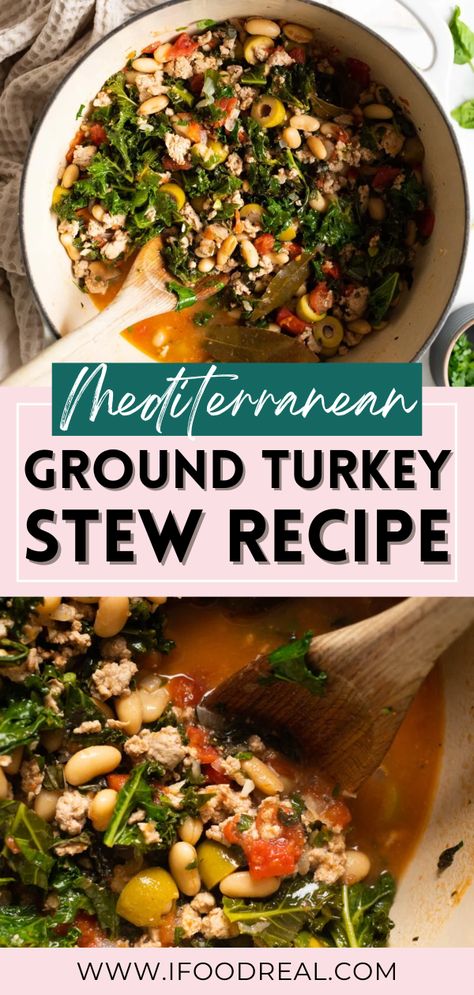 This Mediterranean Ground Turkey Stew is a simple recipe that’s also simply delicious! It’s made with cannellini beans, kale, olives, fresh herbs, and ground turkey in a savory tomato broth. It’s light, quick and easy to make, and the perfect recipe for meal prep! Try out this tasty stew today! Ground Turkey Tomato Soup, Ground Turkey Mediterranean Recipes, Mediterranean Ground Turkey Recipes, Soups With Ground Turkey, Ground Turkey Stew, Ground Turkey Soup Recipes, Mediterranean Soup, Turkish Dishes, Slow Cooker Stew Recipes