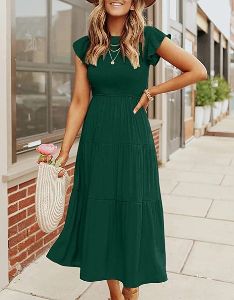 ZESICA Women's 2023 Summer Casual Flutter Short Sleeve Crew Neck Smocked Elastic Waist Tiered Midi Dress Tiered Dresses, Modest Summer Dresses, Essential Dress, Tiered Midi Dress, Midi Dress Casual, Green Midi Dress, Dresses For Teens, Spring Dress, Long Dresses