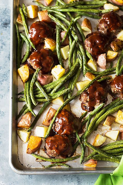 Meatballs And Green Beans, Meatball And Green Beans, Sheet Pan Potatoes And Green Beans, Meatball Sheet Pan Dinner, Meatballs Green Beans, Sheet Pan Meatloaf And Green Beans, Sheet Pan Kielbasa Potatoes Green Beans, Sausage Potato Green Bean Sheet Pan, Bbq Potatoes