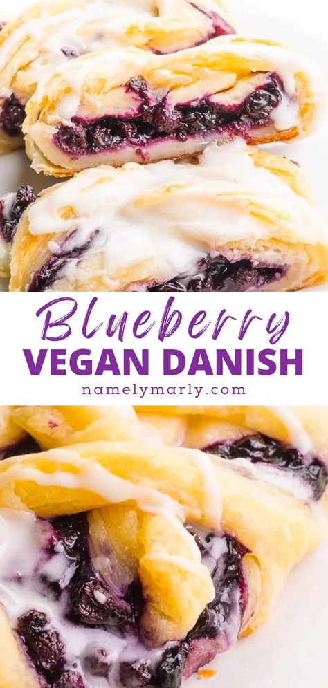 This Vegan Danish recipe offers a crispy, buttery crust, and a delightful blueberry filling, and it's all topped with a vanilla glaze. This is a perfect weekend pastry, especially if you're having guests for the weekend. No need to run to the coffee shop, have an elegant breakfast at home! #vegan #namelymarly #veganbreakfast Dairy Free Danish Recipe, Vegan Breakfast Pastry Recipes, Easy Vegan Pastries, Vegan French Pastries, Vegan Danish Pastry, Vegan Blueberry Desserts, Vegan Baking Ideas, Vegan Cheese Danish, Vegan Danish Recipe