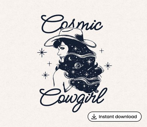 Introducing the digital download of our "Cosmic Cowgirl" vector graphic, an illustration that features a cowgirl adorned with long, flowing hair filled with a  starry night sky, complete with swirling galaxies, twinkling stars, and a distant planet. With the tagline, "Cosmic Cowgirl", this design exudes an otherworldly charm and mystical allure. This digital download includes a variety of file formats to suit your needs. Print-ready files (PDF) are ideal for creating home decor such as posters a Cowboy Illustration, Starry Night Moon, Cosmic Cowgirl, Cowgirl Svg, Graphic Png, Boho Space, Cowgirl Art, Space Cowboy, Night Moon