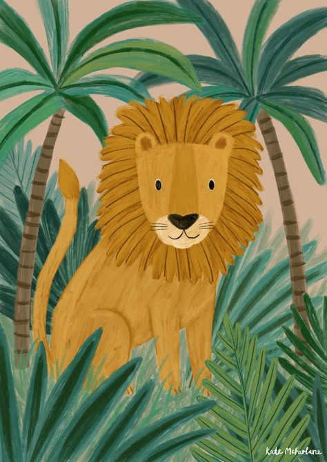 An illustration of a lion sitting amongst palm trees, by Kate McFarlane. Rhino Illustration, Jellyfish Illustration, Squirrel Illustration, Window Illustration, Lion Illustration, Jungle Illustration, Tiger Illustration, Rabbit Illustration, Japon Illustration