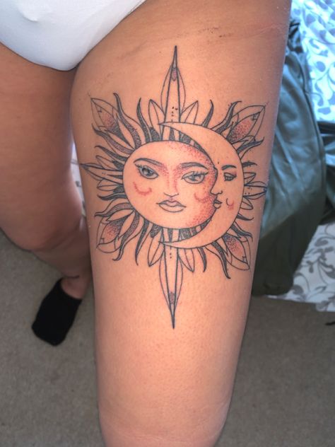 Sun & moon tattoo, line & dot work Moon Tattoo Line, Quotes About The Moon, Tattoo On The Side, Sun Moon Tattoo, The Moon Tattoo, Moon Sun Tattoo, Moon Zodiac, Sun And Moon Tattoo, Tattoo Moon