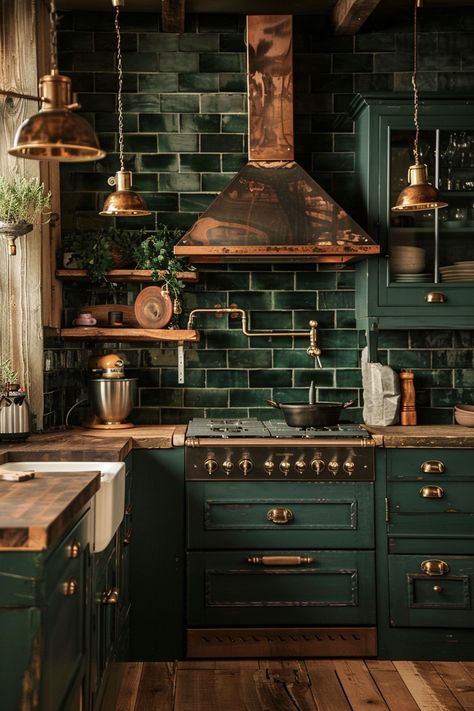 Farmhouse Kitchen Backsplash Ideas - Quiet Minimal Green Country Kitchen, Forest Kitchen, Boho Kitchen Ideas, Dark Green Kitchen, Cottagecore Kitchen, Sustainable Kitchen, Classic Kitchen, Scandinavian Kitchen, Boho Kitchen