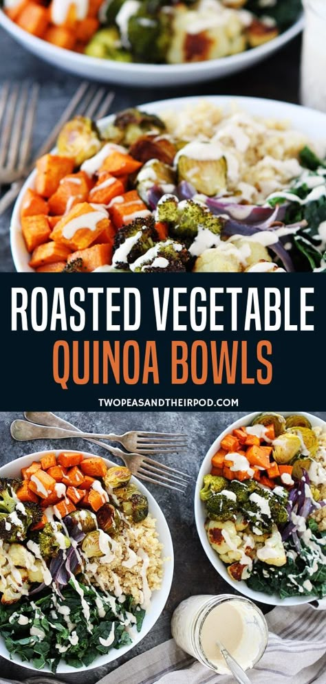 Roasted Vegetable Quinoa, Healthy Roasted Vegetables, Easy Roasted Vegetables, Quinoa Bowls, Vegetable Quinoa, Lemon Tahini Dressing, Breakfast And Brunch, Healthy Bowls, Roasted Vegetable