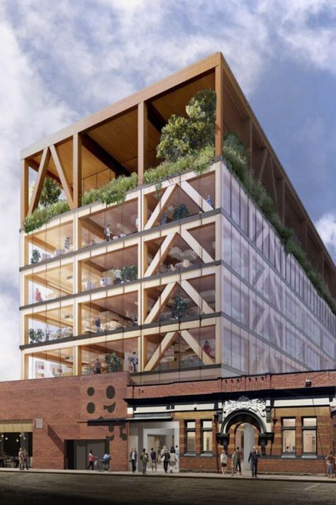 Artist's impression of office development façade Wood Office Building, Office Rental Design, Sustainable Facade Architecture, Reused Building Materials, Sustainable Residential Building, Sustainable Facade, Sustainable Apartment Building, Sustainable Office Building, Timber Facade