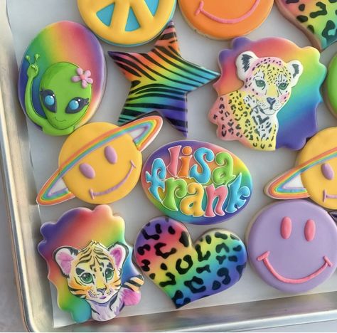 Lisa Frank Cookies Decorated, Lisa Frank 30th Birthday Party, Lisa Frank Cupcakes, Lisa Frank Party Decorations, Lisa Frank Cookies, 1990s Birthday Party Theme, Lisa Frank Cake, Lisa Frank Party, Lisa Frank Birthday Party