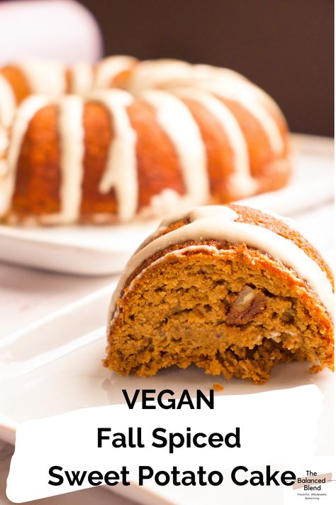 This Vegan Spiced Sweet Potato Bundt Cake with a Vegan Cream Cheese Frosting is the perfect Fall Dessert! AND its naturally gluten-free, vegan, refined-sugar free, and healthy! Sweet Potato Bundt Cake, Vegan Sweet Potato Recipes, Sweet Potato Pound Cake, Vegan Cream Cheese Frosting, Sweet Potato Cake, Vegan Cream, Healthy Vegan Desserts, Vegan Cake Recipes, Vegan Sweet Potato